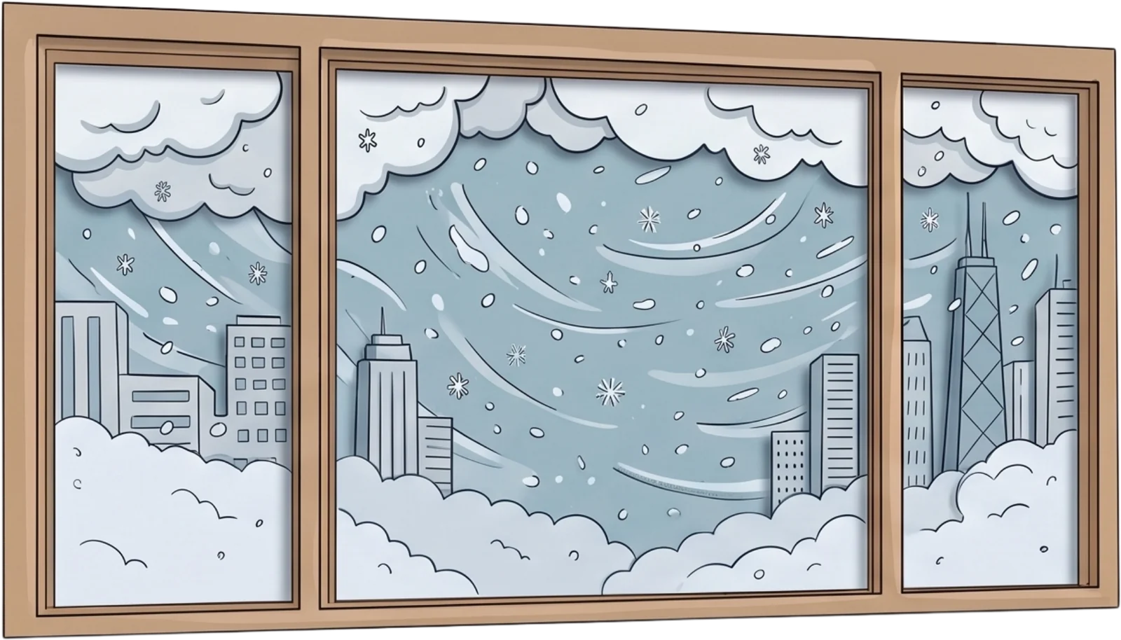 A Chicago skyline lost in a gray winter blizzard, seen through an office window