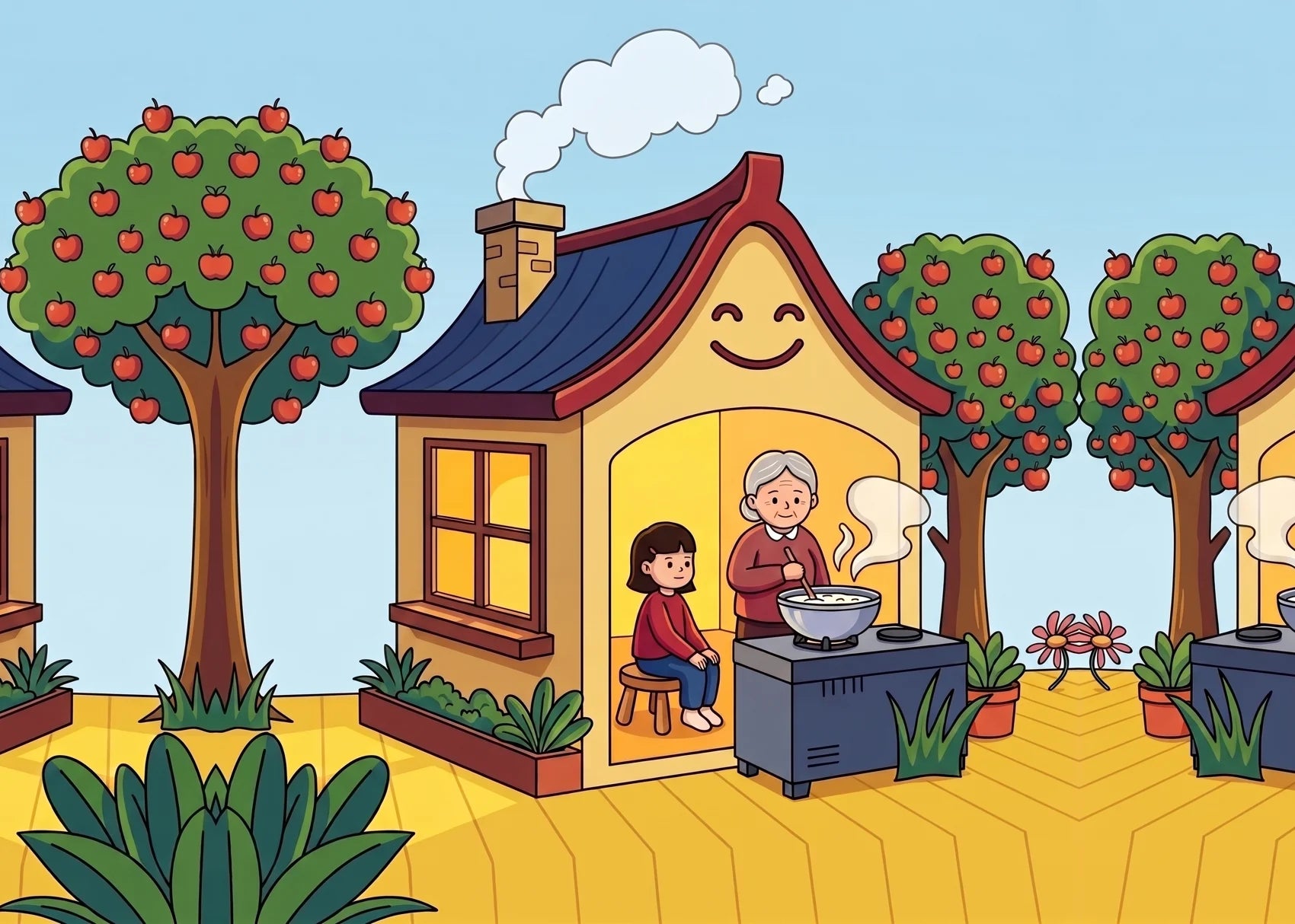 A sun-warmed courtyard where Grandma slowly simmers coconut milk while 8-year-old Jia watches from a wooden stool