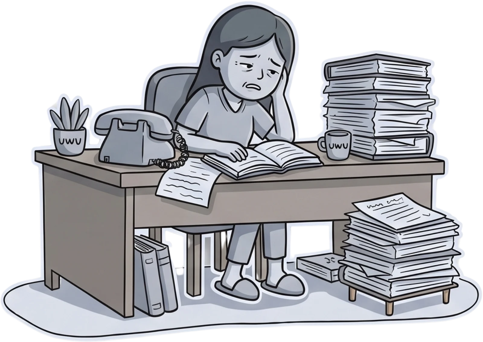 Grown-up Jia slumped at her desk, buried in work and too tired to look up